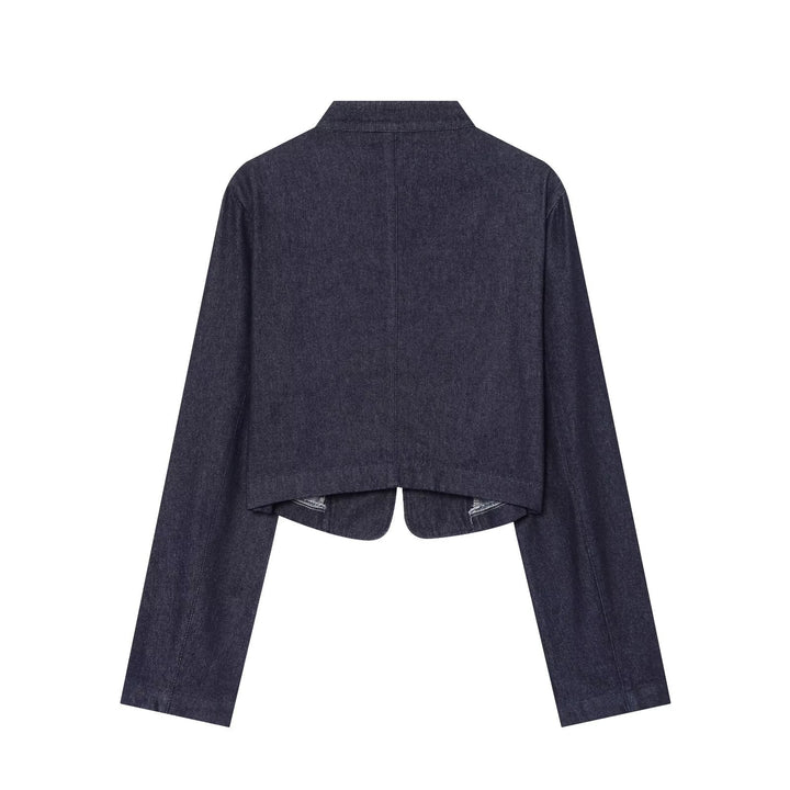 Damen kurze Denim‑Militärjacke mit Stehkragen und dekorativer Zierknopfleiste Drune