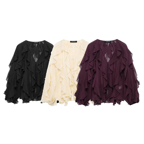 Damen Chiffon-Bluse mit vielfachen Volant-Rüschen und Knopfleiste Drune