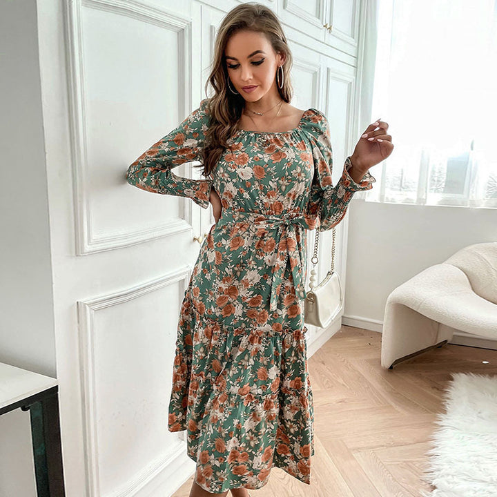 Damen Midikleid mit quadratischem Ausschnitt, Stufenrock, Puffärmmel und Taillengürtel Drune