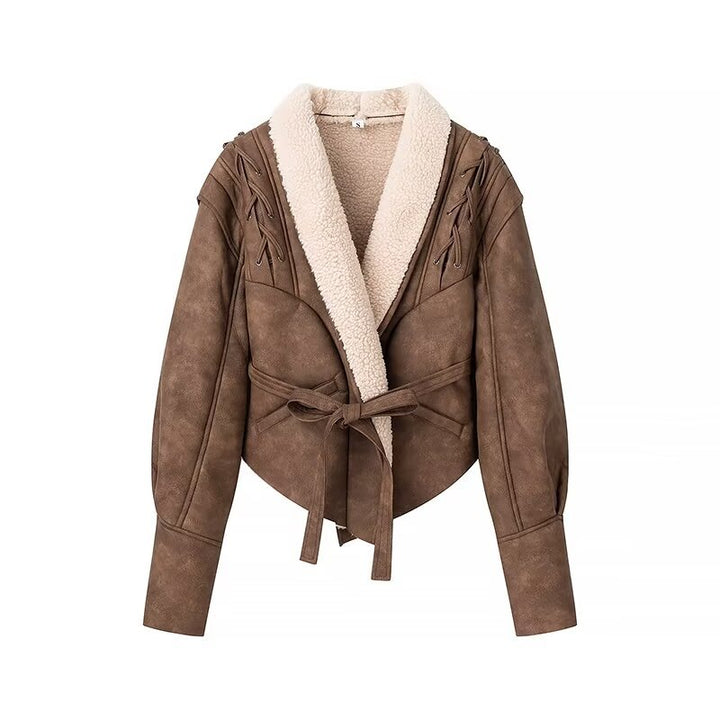 Damen nan kurze Bikerjacke in Lammfelloptik mit Schalkragen, Bindegürtel und Zierkordeln Drune