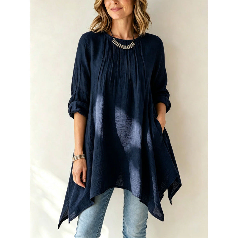 Damen Lässige Long-Tunika mit Handtuchsaum, Kräusel-Biesen und Eingrifftaschen Drune