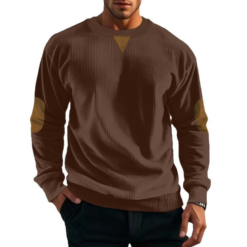 Herren nan gerippter Strickpullover mit Rundhalsausschnitt Ellbogen-Patches und Zierdreieck Drune