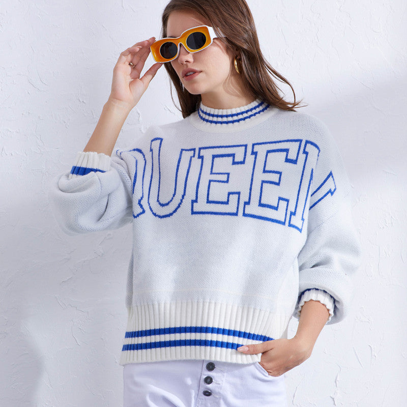 Damen sportlicher Pullover mit hohem Kragen und modischem Schriftzug Drune