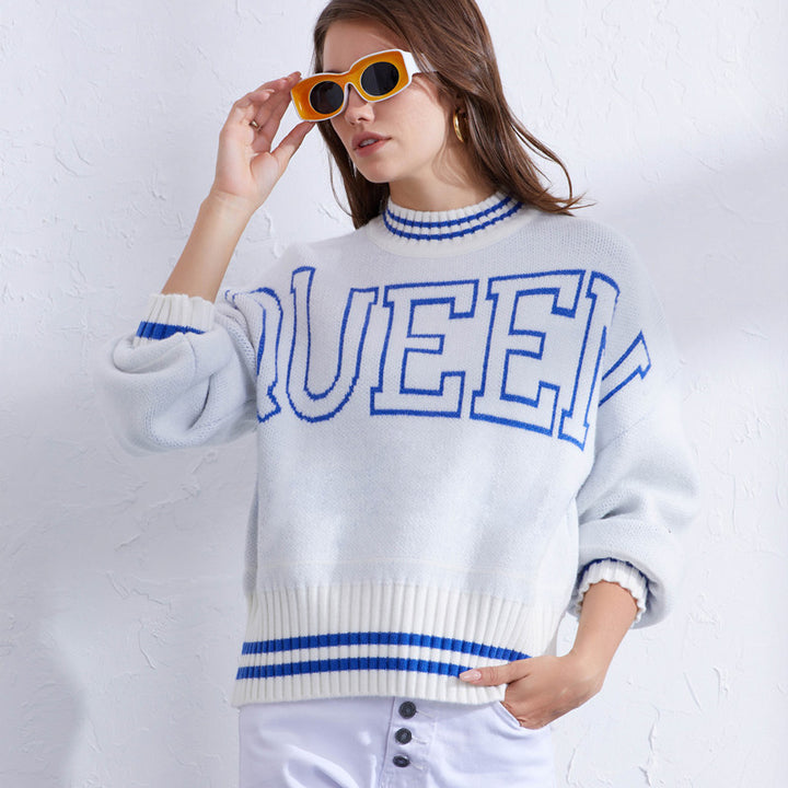 Damen sportlicher Pullover mit hohem Kragen und modischem Schriftzug Drune