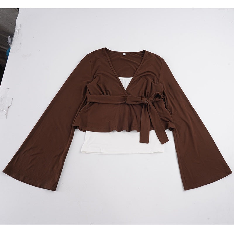 Damen Wickel-Peplum-Top mit Glockenärmeln Drune