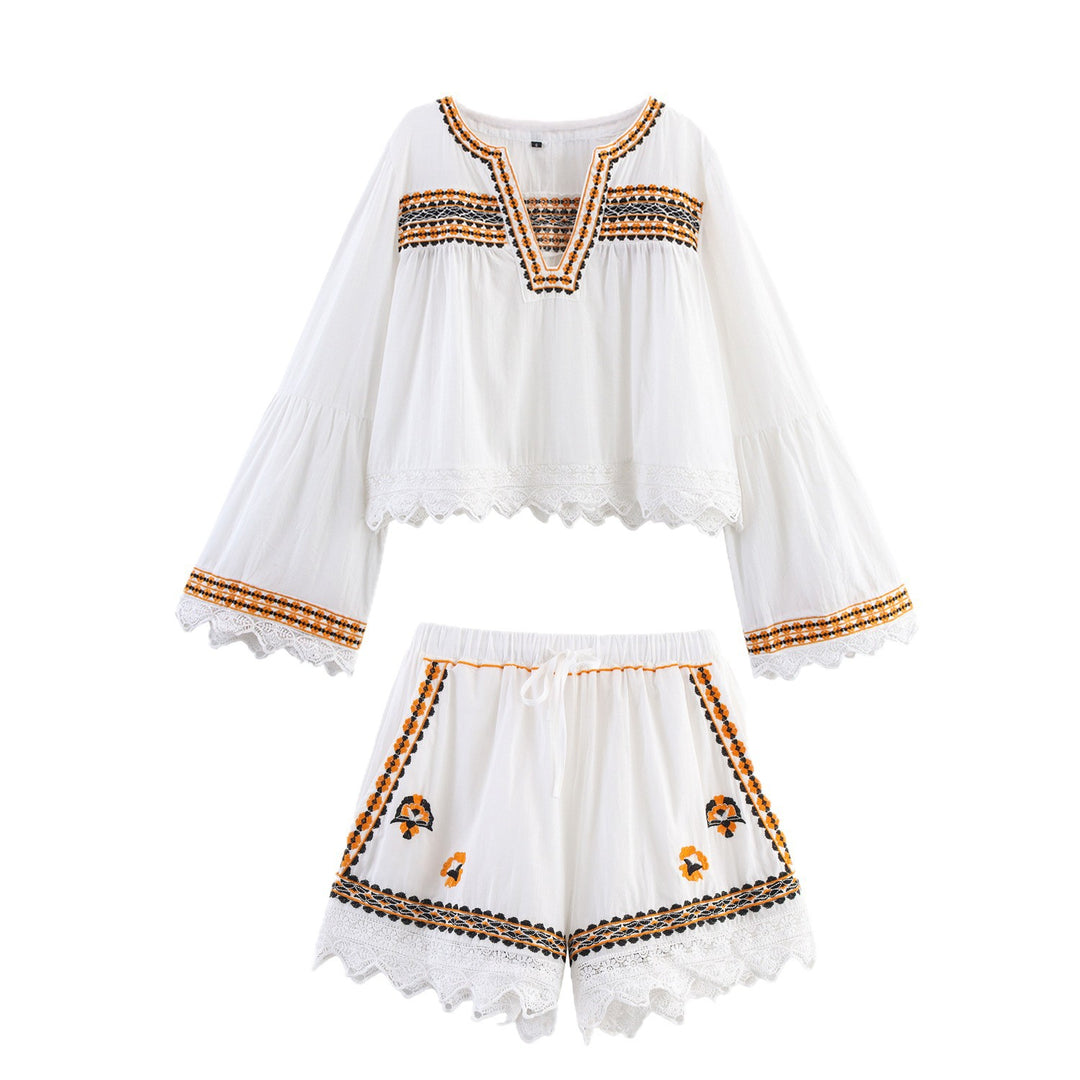 Damen Bestickte Boho-Bluse mit weiten Glockenärmeln und Spitzensaum Drune