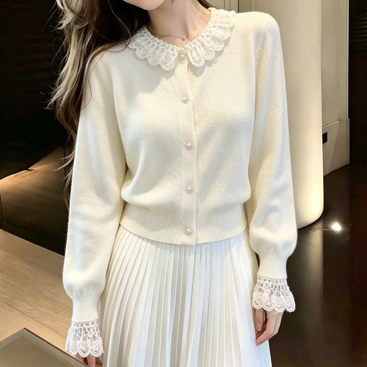 Damen Elegante Strickjacke mit Spitzenausschnitt Drune