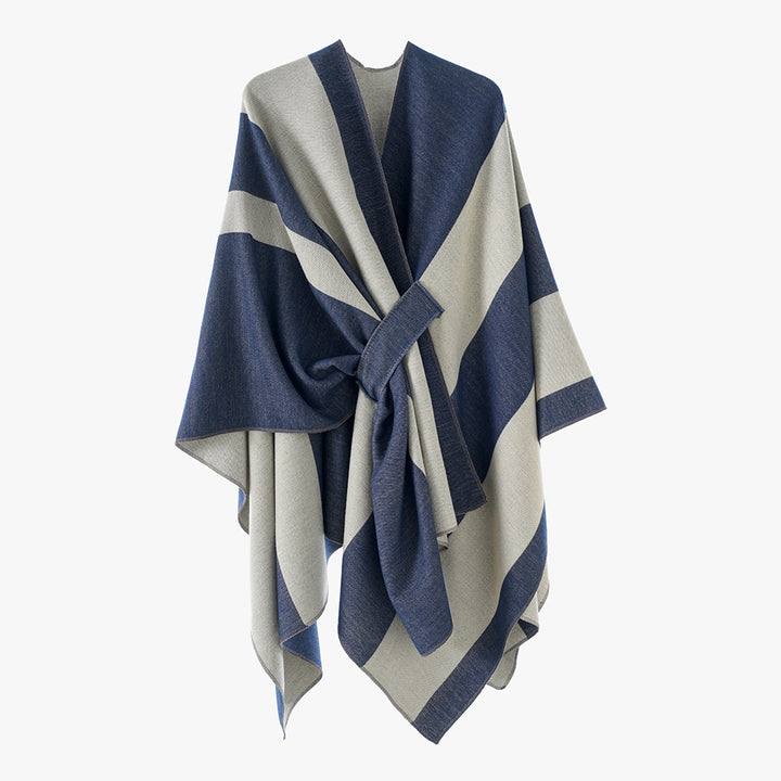 Damen Oversize-Cape mit Blockstreifen und Bindegürtel Drune