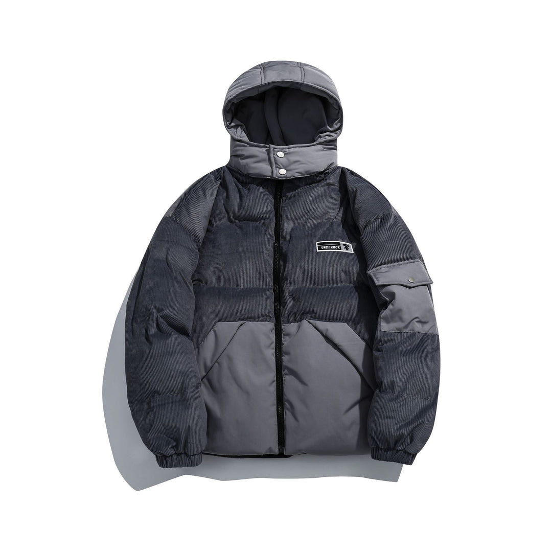 Damen Cord-Stepp-Pufferjacke mit Kapuze und Utility-Ärmeltasche Drune