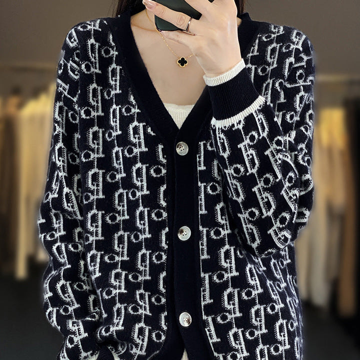 Damen Gemusterter Jacquard-Strickcardigan mit V-Ausschnitt und Perlmuttknöpfen Drune