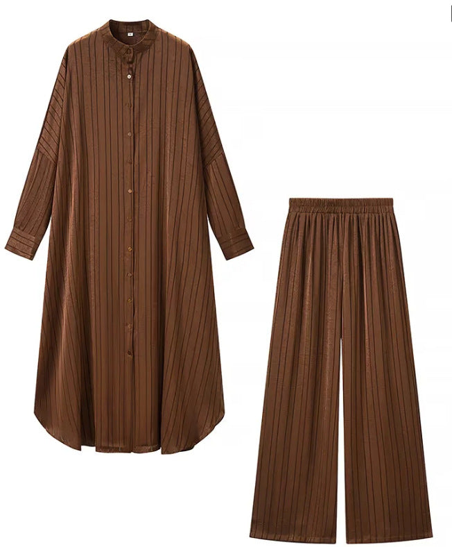 Damen Zweiteiliges fließendes Hemdblusen‑Maxikleid mit durchgehender Knopfleiste und passender elastischer Palazzo‑Hose Drune