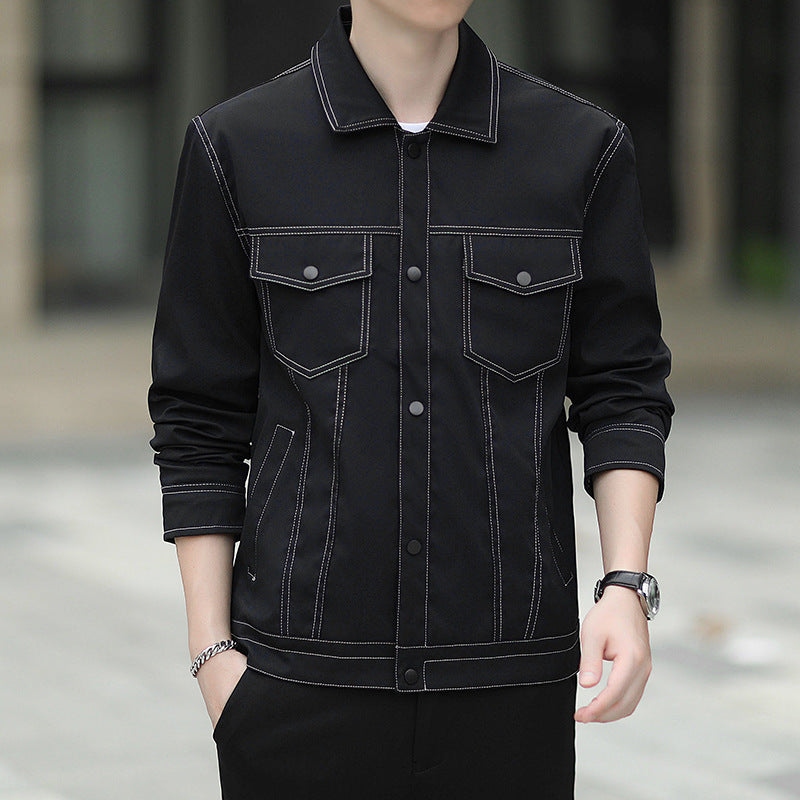 Herren leichte Canvas-Truckerjacke mit sichtbaren Kontrastnähten und Brustpattentaschen Drune