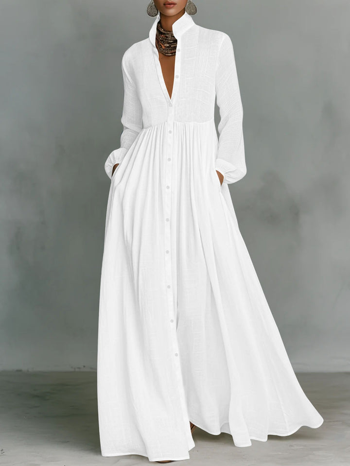 Damen Maxikleid mit Stehkragen, durchgehender Knopfleiste, taillenhoher Raffung und Eingrifftaschen Drune