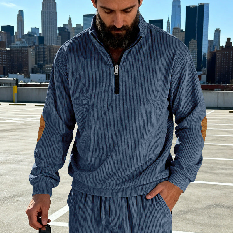Herren Cord-Struktur-Halbzip-Pullover im Relaxed-Fit mit Stehkragen und Ellbogen-Patch Drune