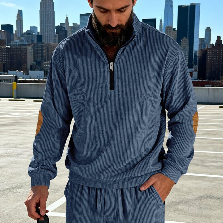 Herren Cord-Struktur-Halbzip-Pullover im Relaxed-Fit mit Stehkragen und Ellbogen-Patch Drune