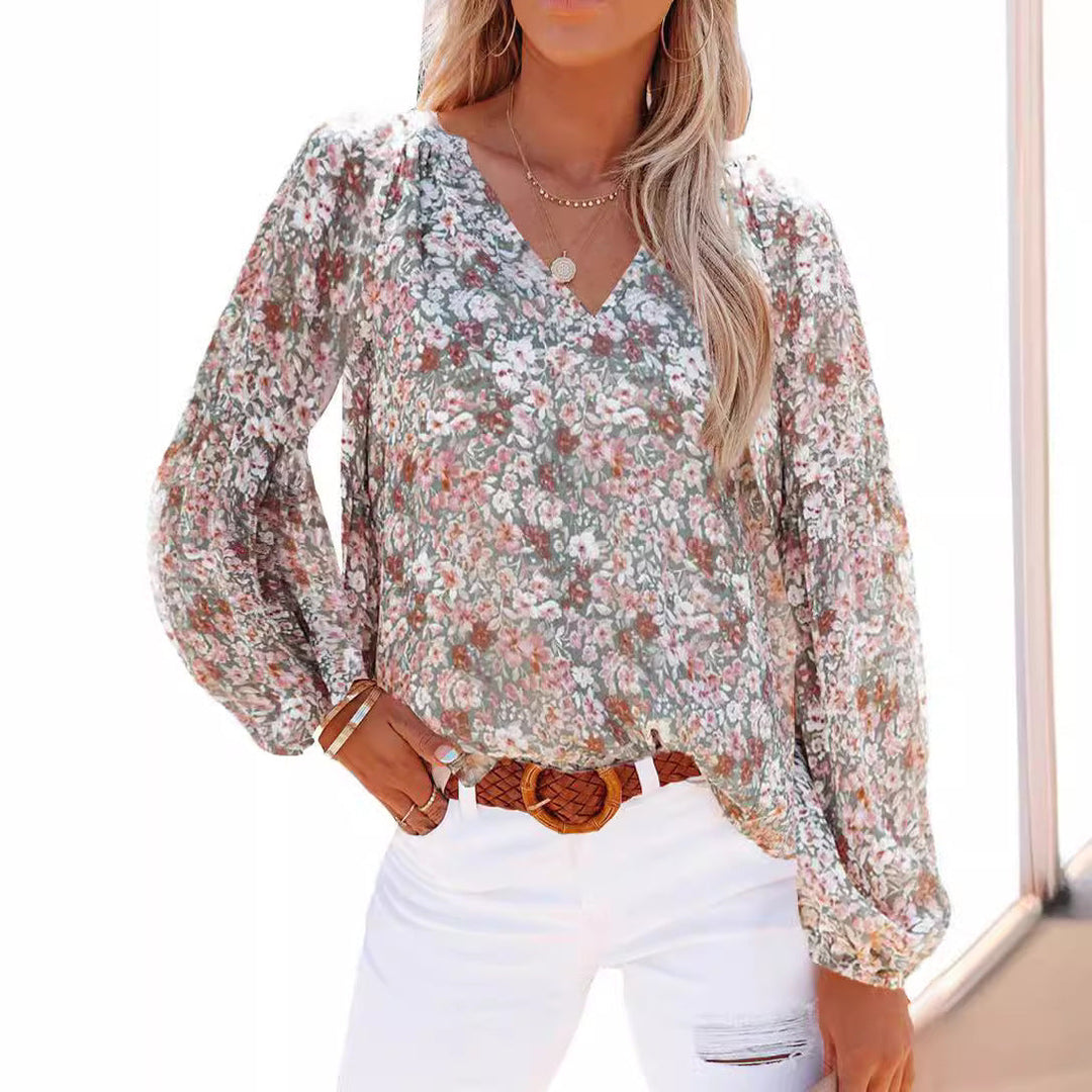 Damen Bluse mit floralen Mustern und V-Ausschnitt Drune