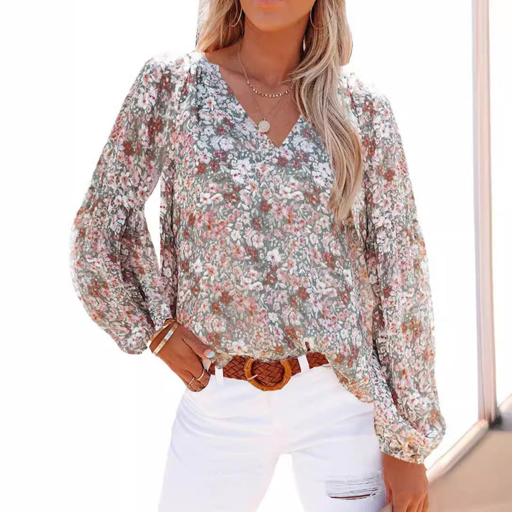 Damen Bluse mit floralen Mustern und V-Ausschnitt Drune