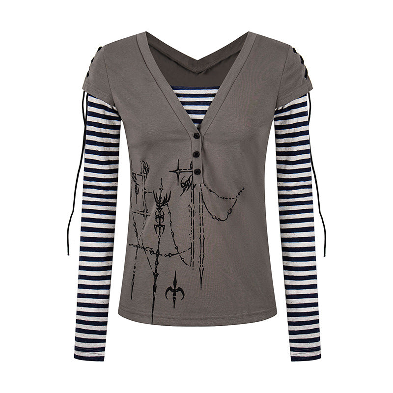 Damen Lagen-Langarmshirt mit V-Ausschnitt, Streifen-Innenlayer und Schnürdetail Drune