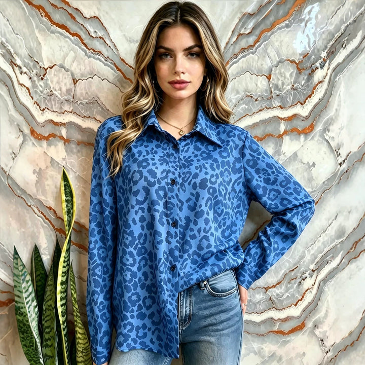 Damen Satin-Leopardenmuster Button-Up Bluse Drune