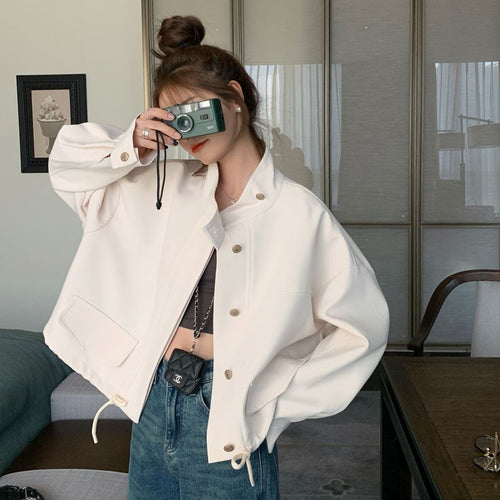 Damen Modische Kurzjacke mit hohem Kragen und Druckknopfverschluss Drune