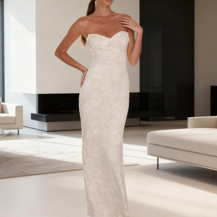 Damen Elegantes Spitzen-Maxikleid mit figurbetontem Design und süßem Rückenausschnitt Drune