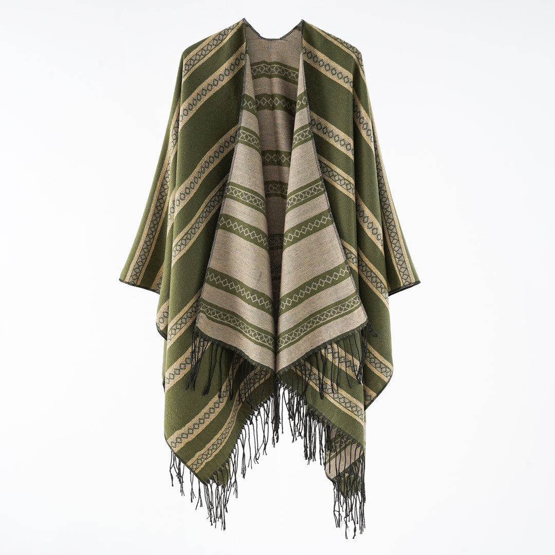 Damen Wollmix-Wickelponcho im Jacquardstreifen mit Fransen Drune