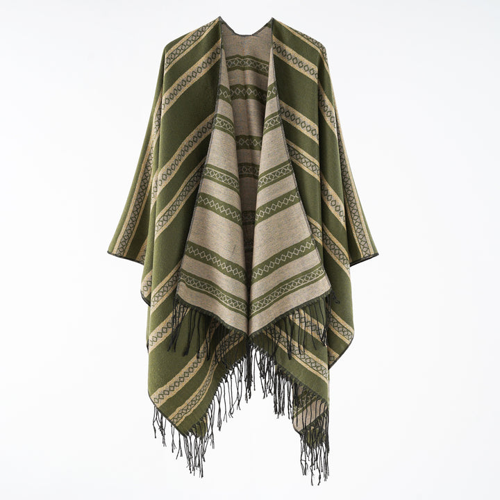 Damen Wollmix-Wickelponcho im Jacquardstreifen mit Fransen Drune