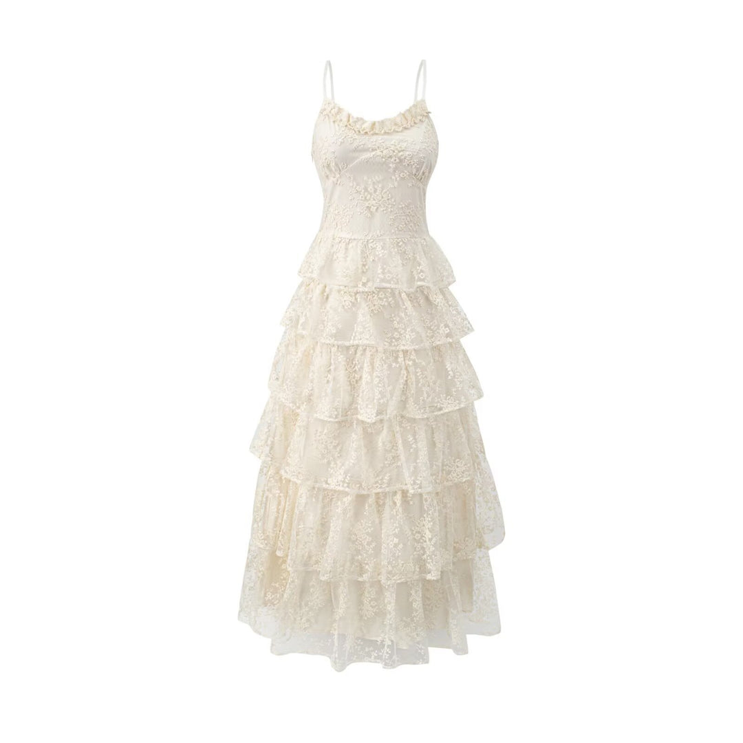Damen romantisches Spitzenmaxikleid mit voluminösen Rüschenschichten Drune