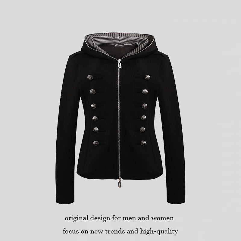 Damen taillierte Kapuzen‑Sweatjacke mit dekorischer Doppelreihe und Metallknöpfen Drune