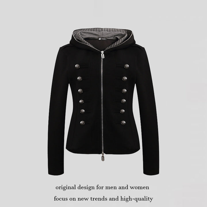 Damen taillierte Kapuzen‑Sweatjacke mit dekorischer Doppelreihe und Metallknöpfen Drune