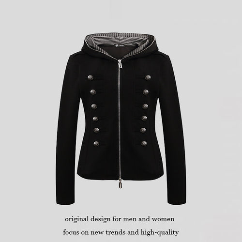 Damen taillierte Kapuzen‑Sweatjacke mit dekorischer Doppelreihe und Metallknöpfen Drune