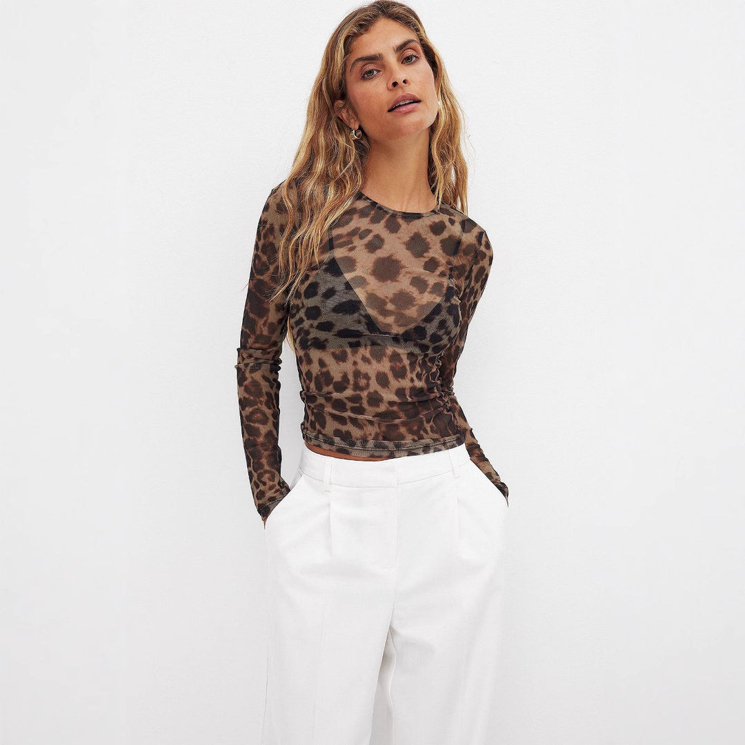 Damen langärmliges Shirt mit transparentem Leopardenmuster Drune