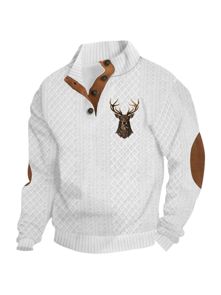 Herren nan Heritage-Strukturpullover mit Stehkragen Lederimitat-Besatz Ellenbogen-Patches und Halbknopfleiste Drune