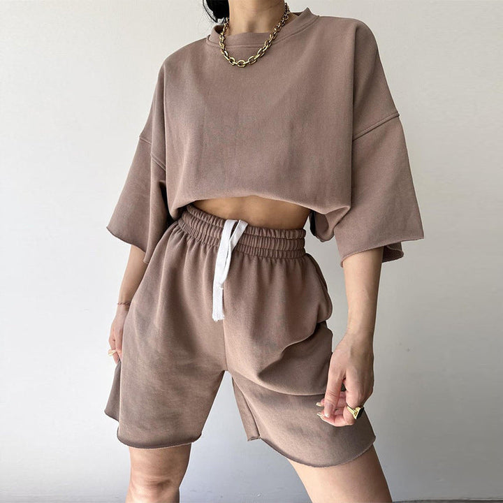 Damen lässiges Kurzarm-Oberteil und kurze Hose Set Drune