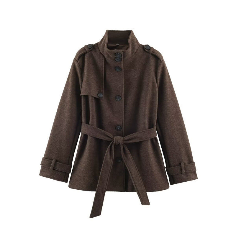 Damen kurze taillierte Manteljacke aus Wollmix mit Stehkragen, Schulterpatten und Bindegürtel Drune