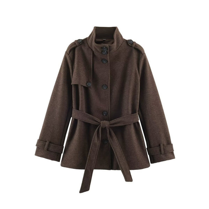 Damen kurze taillierte Manteljacke aus Wollmix mit Stehkragen, Schulterpatten und Bindegürtel Drune