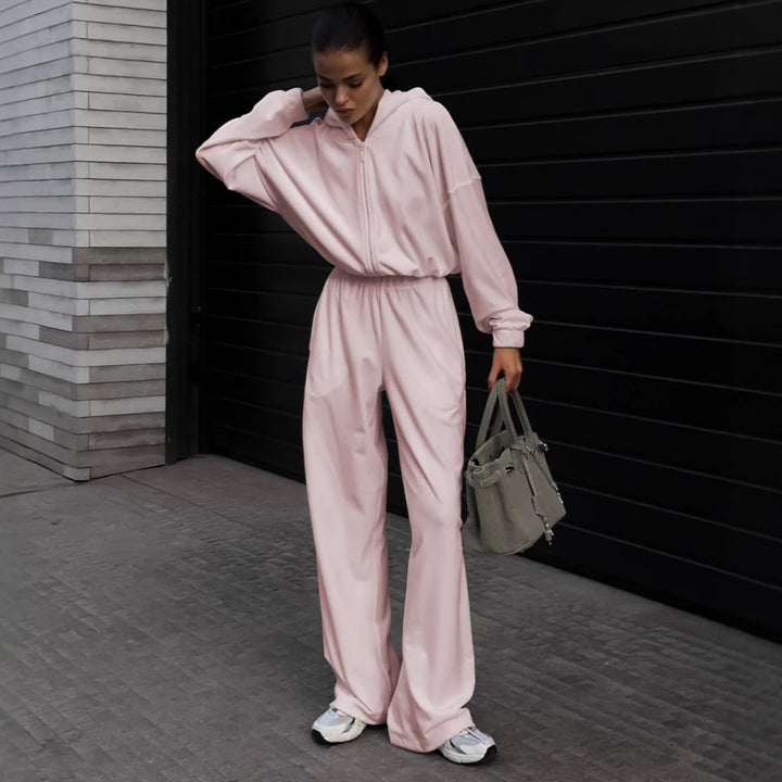 Damen Kapuzen-Jumpsuit mit weitem Bein elastischer Taille und Frontreißverschluss Drune