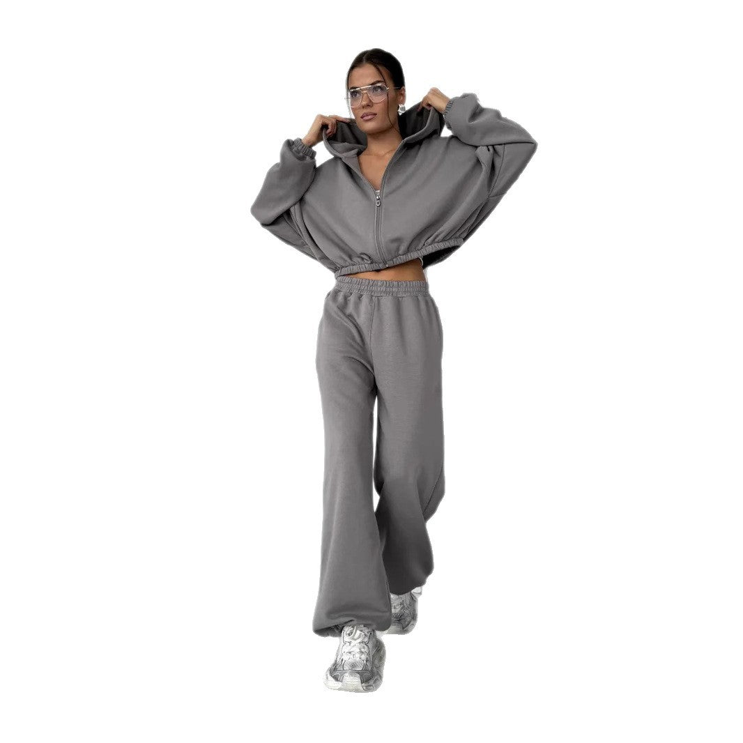 Damen Lounge-Set Cropped-Zip-Hoodie mit Oversize-Ärmeln und High-Waist Palazzo-Jogger Drune