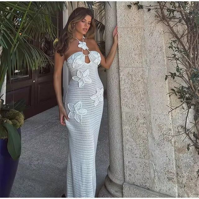 Damen Strickmaxikleid mit floralem Einsatz und schulterfreiem Design Drune