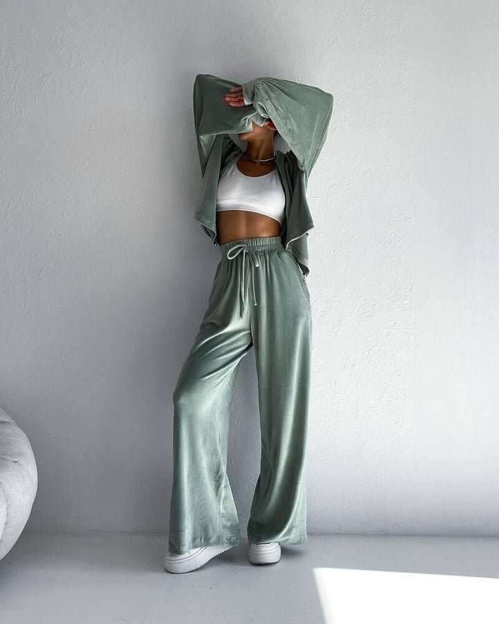 Damen luxuriöses Velours-Lounge-Set mit kurzem Reißverschluss-Hoodie und weitem High-Waist-Hose Drune