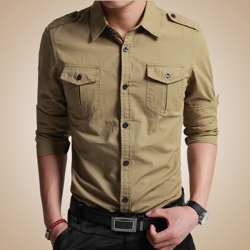 Herren Slim‑Fit Utility‑Hemd mit Schulterklappen und Pattentaschen Drune