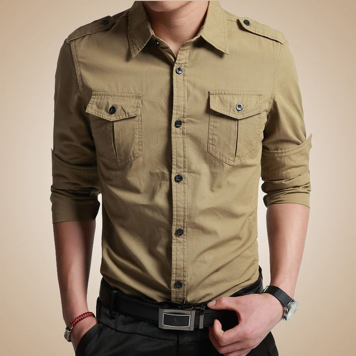 Herren Slim‑Fit Utility‑Hemd mit Schulterklappen und Pattentaschen Drune