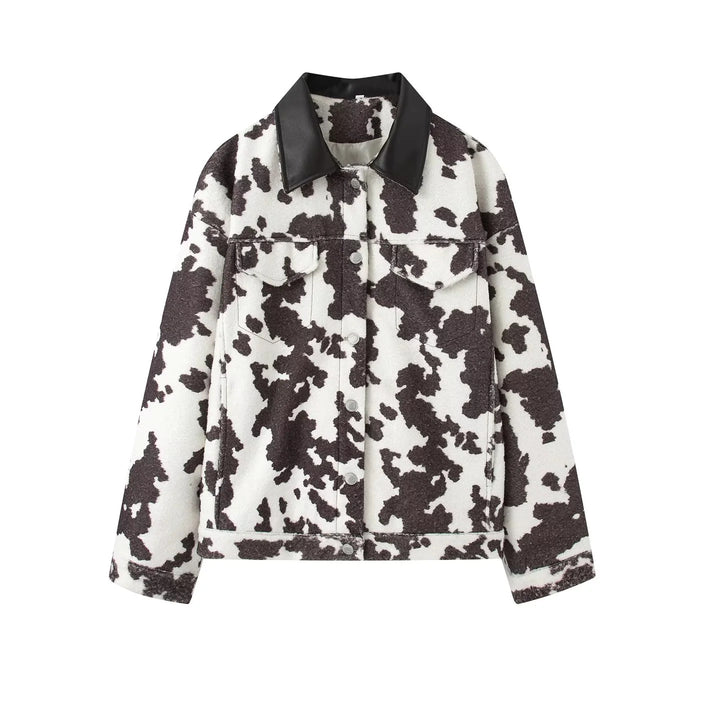 Damen nan oversized Teddyjacke mit Kuhflecken-Print und Lederimitat-Kragen Drune