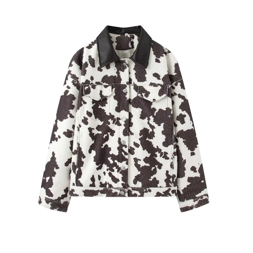 Damen nan oversized Teddyjacke mit Kuhflecken-Print und Lederimitat-Kragen Drune
