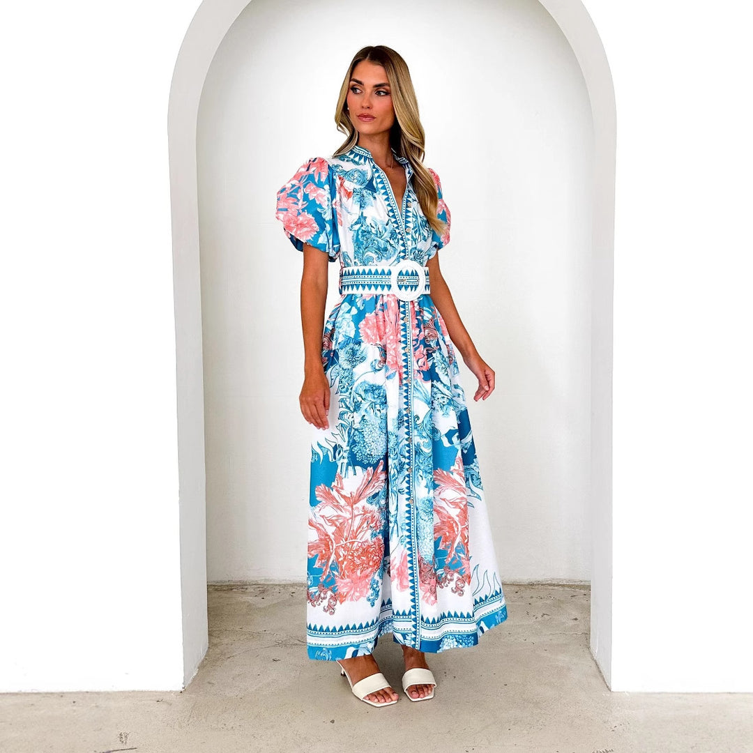 Damen Maxikleid mit voluminösen Puffärmeln und zartem Blumenmuster Drune