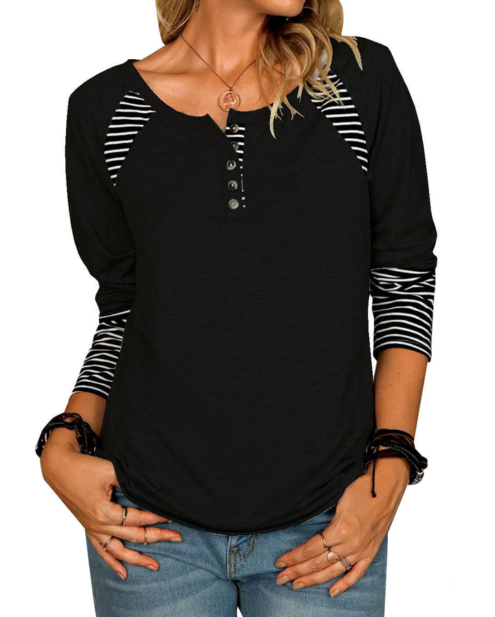 Damen Lässiges Raglan-Henley-Shirt mit Knopfleiste und gestreiften Ärmelbündchen Drune