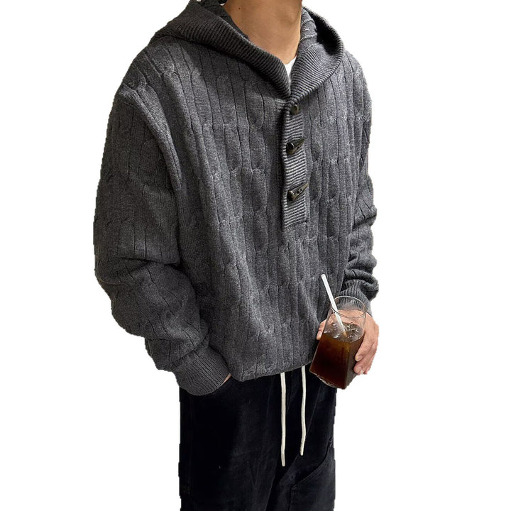 Herren Grobstrickpullover mit Kapuze und Knopfverschluss Drune
