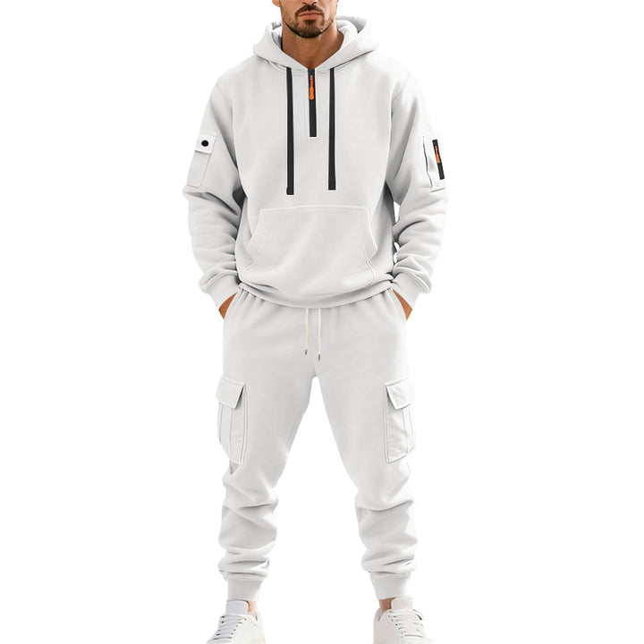 Herren nan zweiteiliges Utility-Freizeitset Hoodie mit halbhohem Reißverschluss, Ärmeltasche und Cargo-Jogginghose mit Klappentaschen Drune