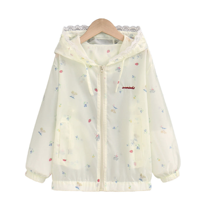 Damen nan leichte Kapuzen-Sommerjacke mit Spitzenbesatz, zartem Allover-Print und Reißverschluss Drune