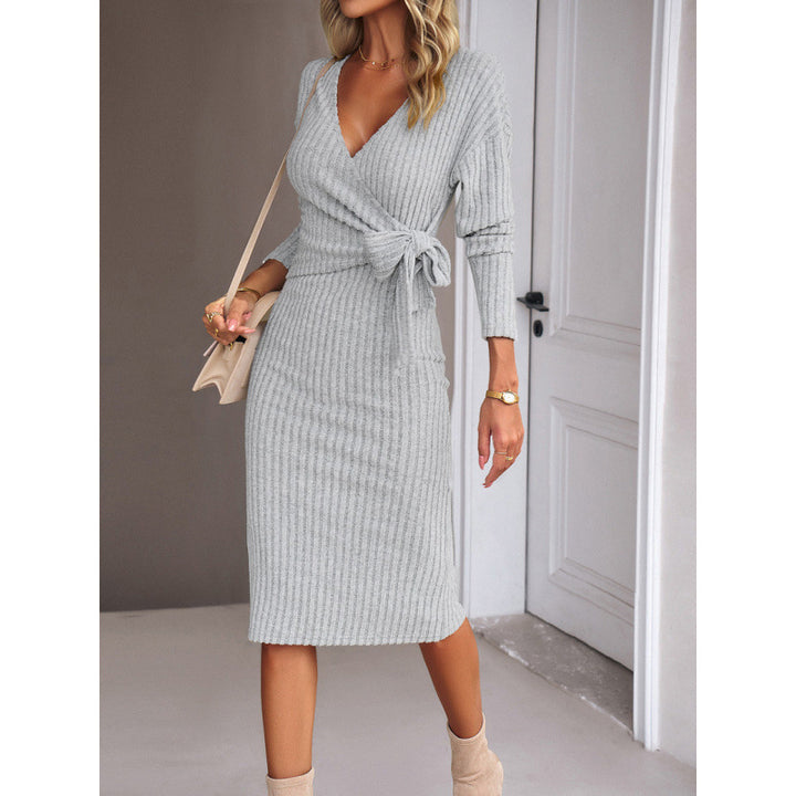 Damen Wickelkleid mit tiefem V-Ausschnitt und Taillengürtel Drune